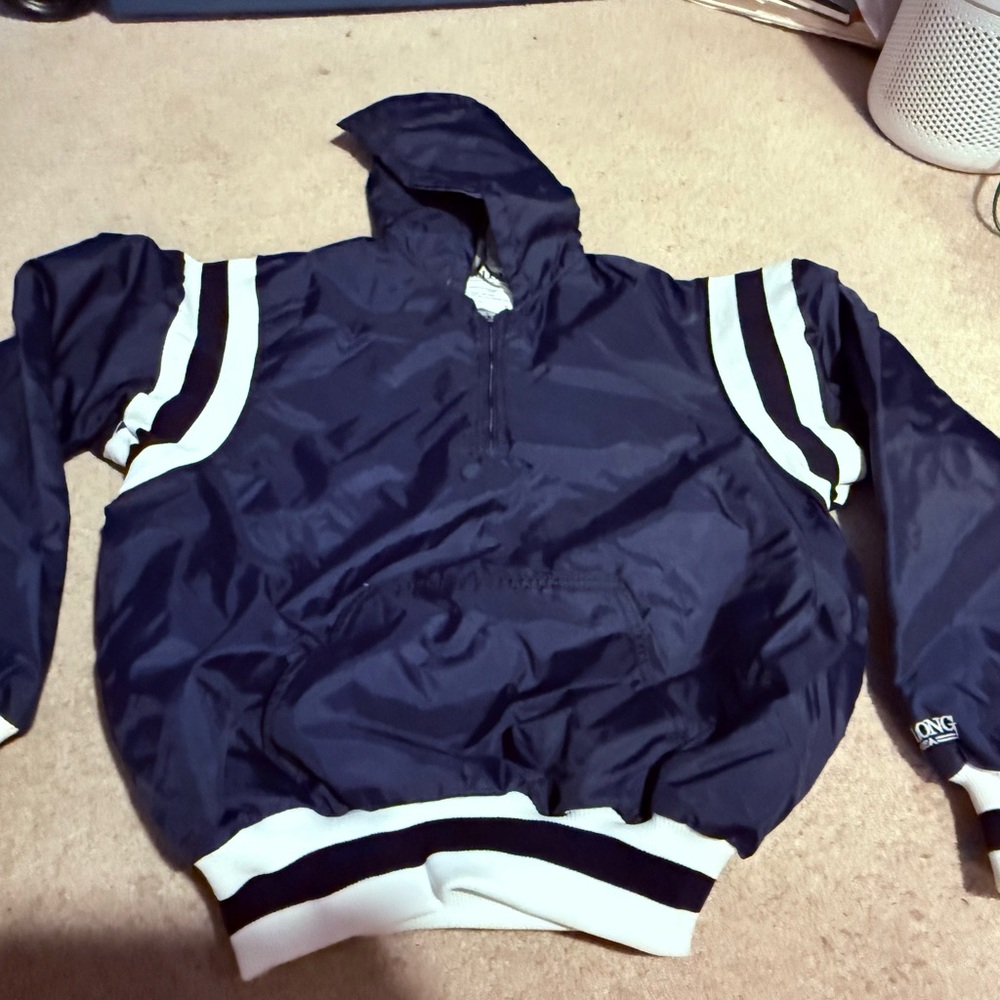Navy Blue And White Nylon School Pullover Jacket- quilted lining- NWOT- DeLong